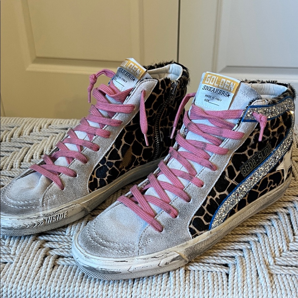 NWOTGolden Goose Animalier Slide Silver Glitter High-Tops with Pink Laces